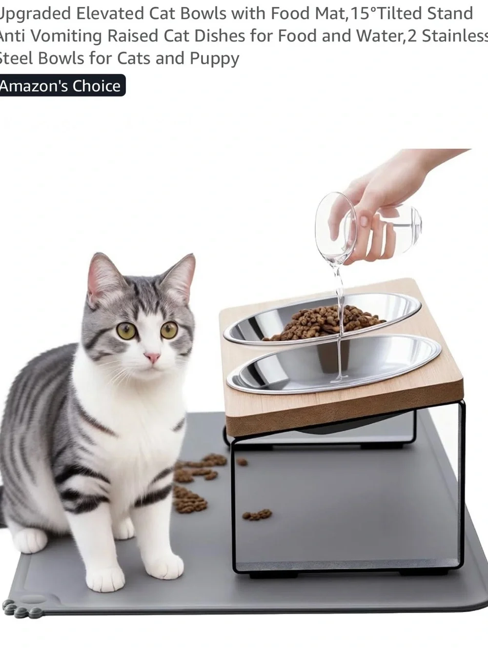 Elevated bamboo cat bowls w/food mat anti vomiting raised cat dishes